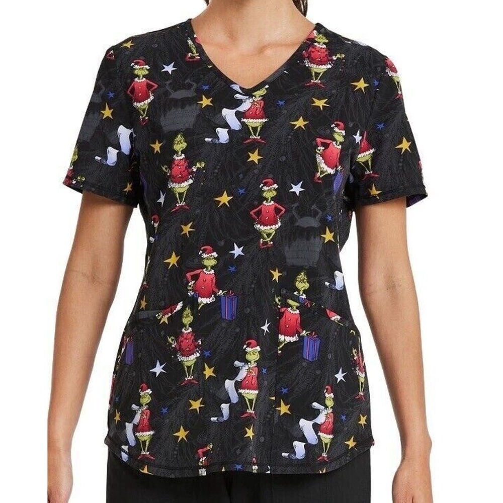 XL Dr. Seuss Cat In The Hat Santa Scrubstar Scrub Top V-Neck New Christmas